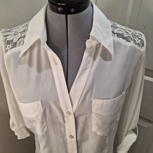 By & By White Lace Button Down Blouse Size Med
